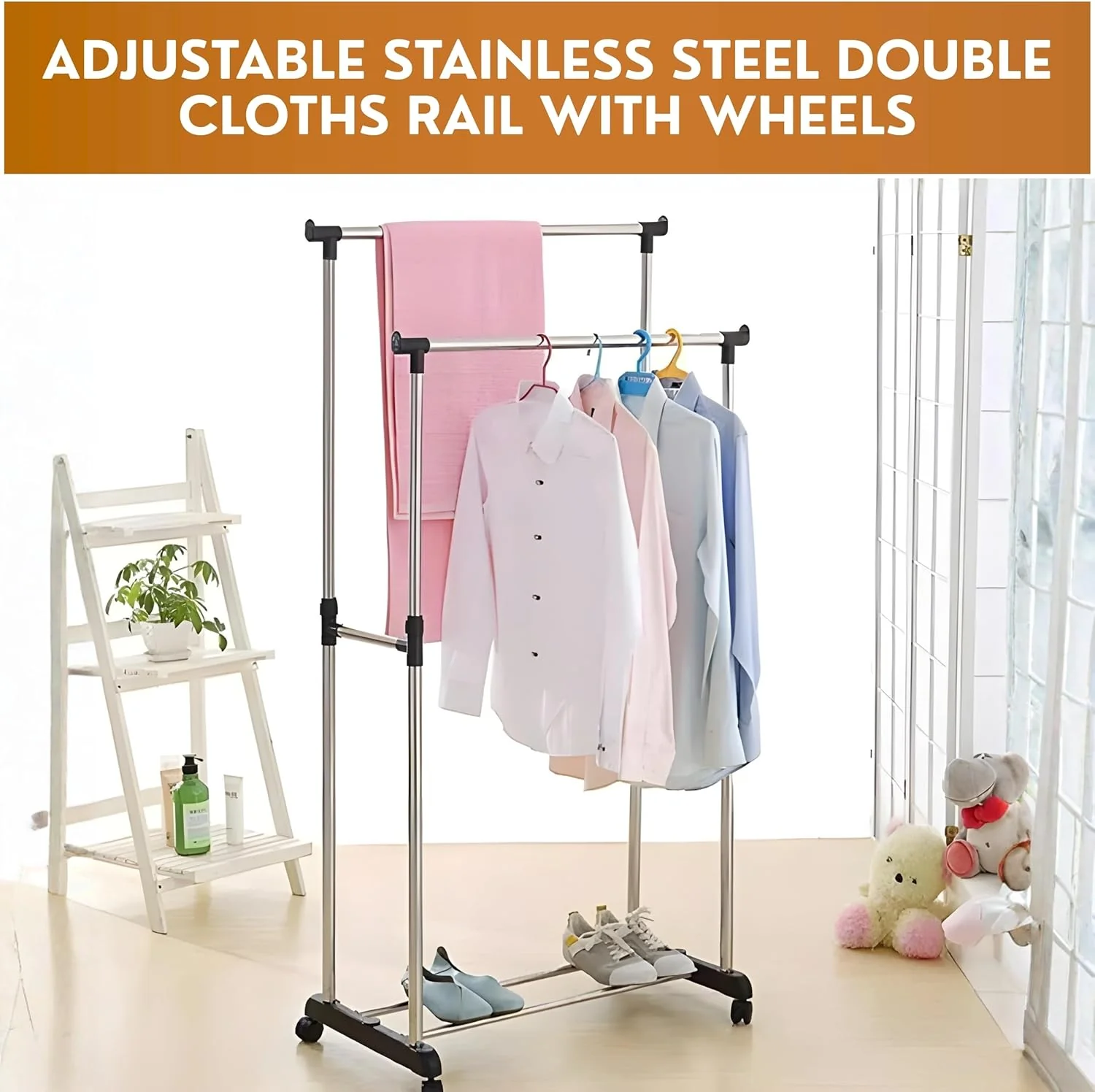 AKDC علاقة ملابس مزدوجة | ستانلس ستيل | 750L × 430W × 1000–1600H mm — image 2