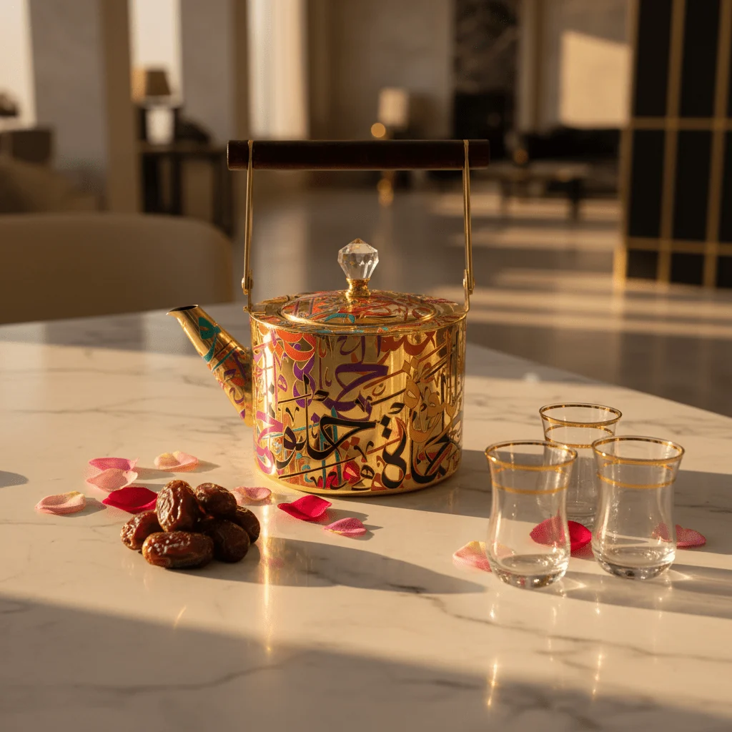 Arabic Calligraphy Gold Metal Tea Kettle | Elegant Wooden Handle & Crystal Lid | 1 Litre / 1.5 Litre   | Premium Majlis Hospitality Gift — image 2