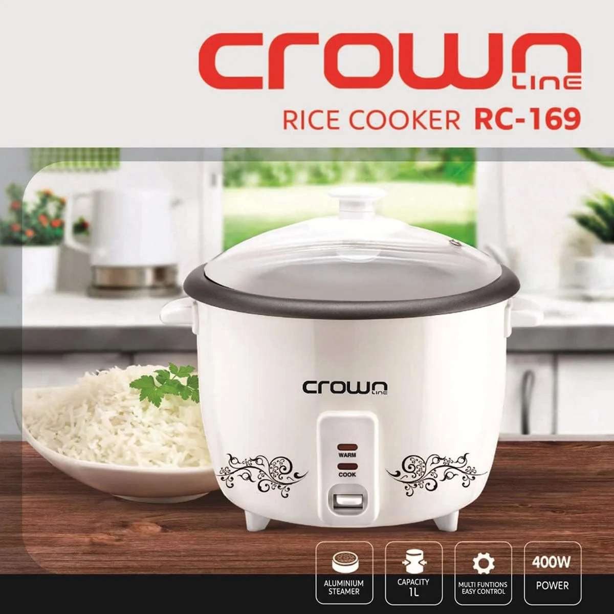 Crownline قدر طبخ الأرز مع جهاز تبخير RC-169 – 1L، أبيض — image 3