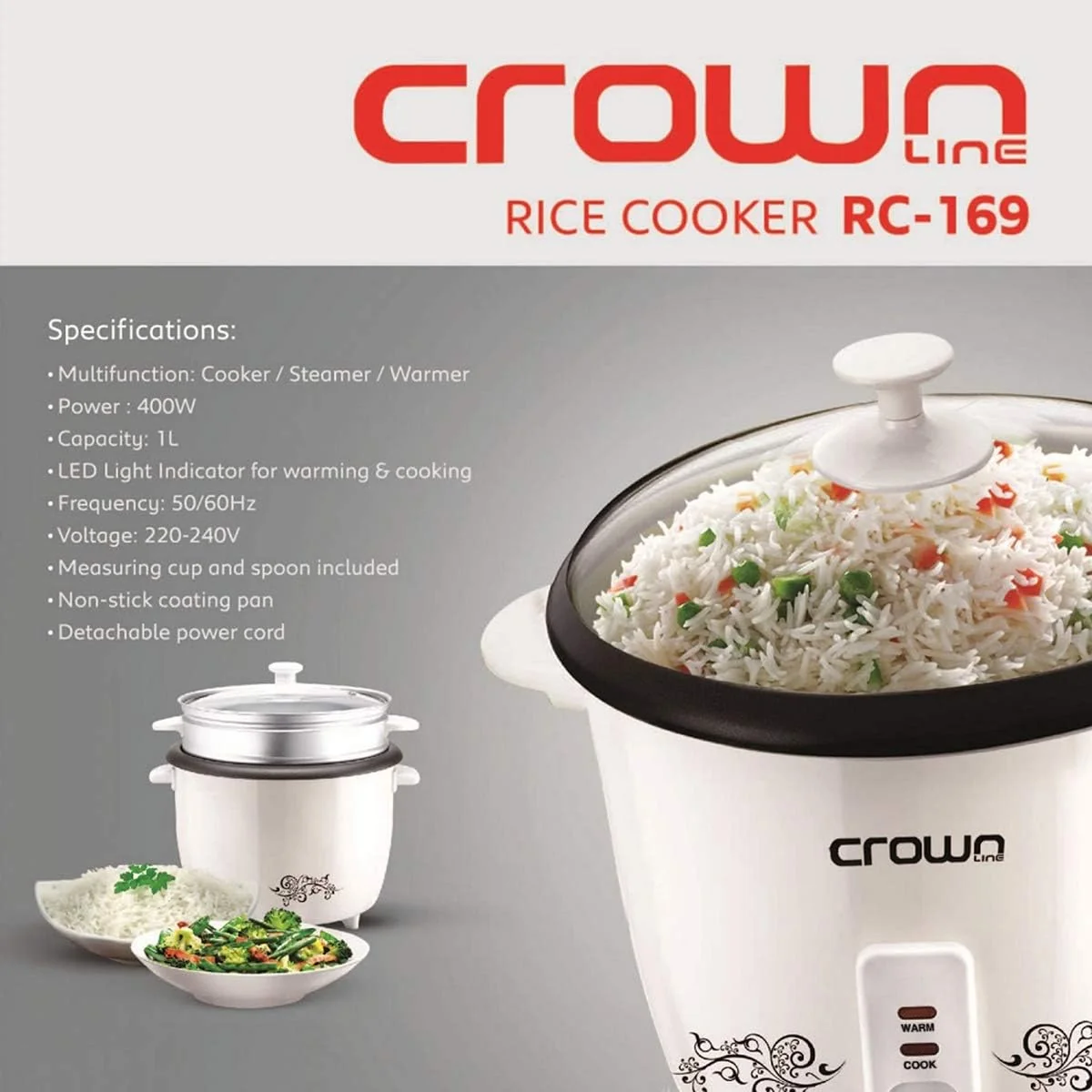 Crownline قدر طبخ الأرز مع جهاز تبخير RC-169 – 1L، أبيض — image 4
