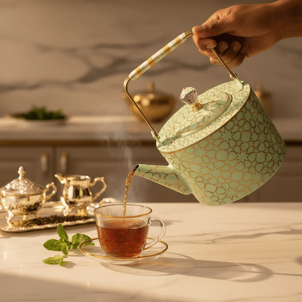 Mint Green & Gold Islamic Geometric Metal Tea Kettle with Crystal Lid Knob | Elegant Arabic Tea Serving Kettle | 2 Litre — image 3