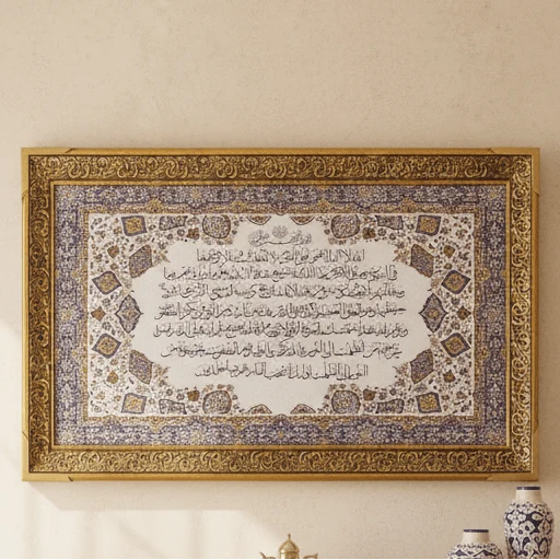 إطار حائط قماشي إسلامي كبير من AKDC مزخرف بآية الكرسي بالخط العربي – بيج – 110 × 60 cm ديكور حائط فاخر — image 2