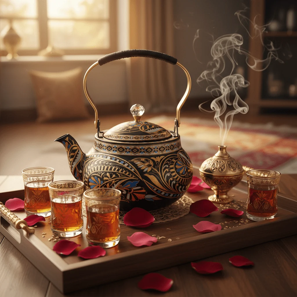 غلاية شاي معدنية مزخرفة بالأسود والذهبي 1.5L | غطاء بمقبض كريستال أنيق | إبريق ضيافة عربي فاخر بتصميم زهري بيزلي — image 3