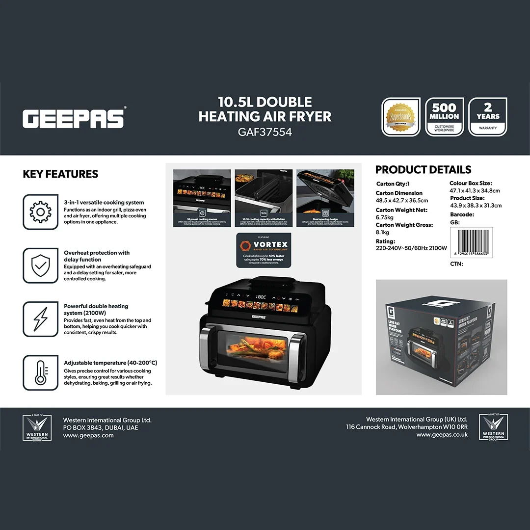 Geepas 10.5L Double Heating Air Fryer with Grill & Pizza Oven (GAF37554) — image 6