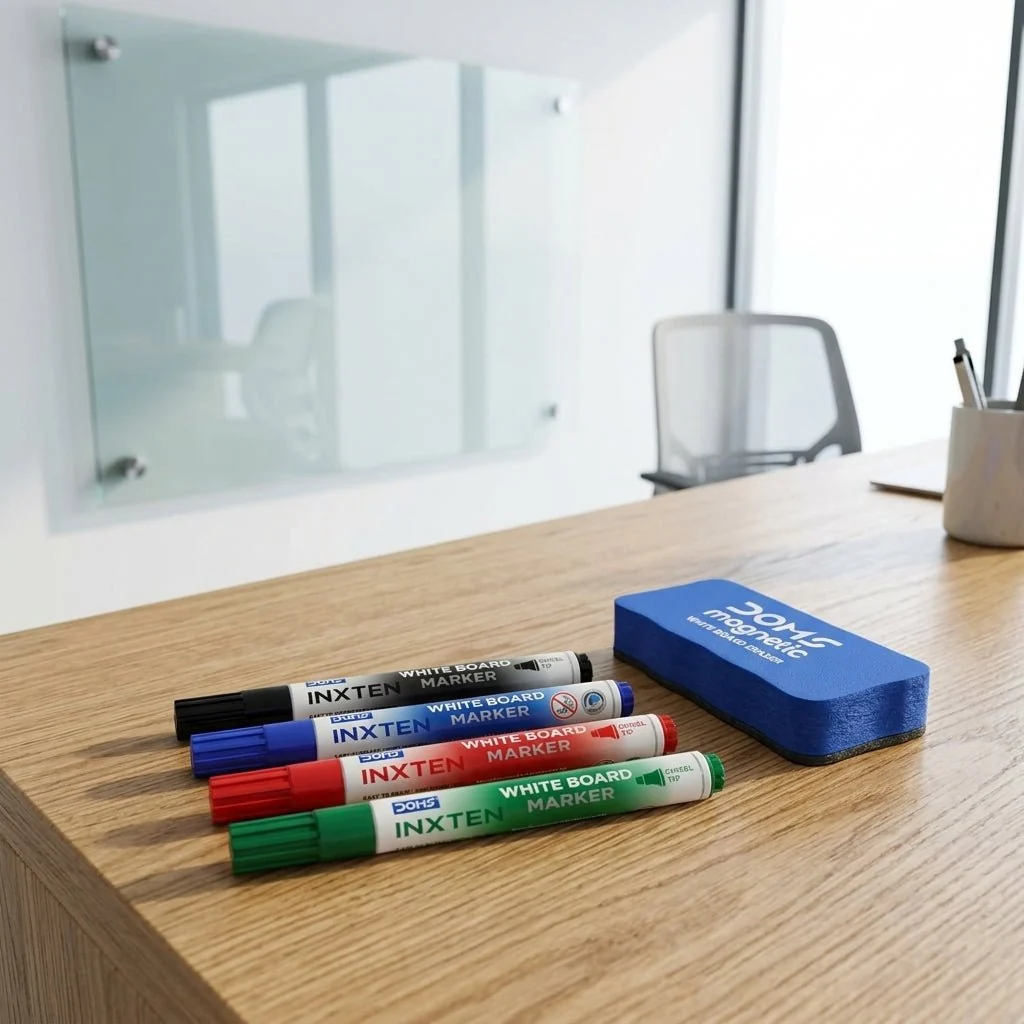 DOMS INXTEN Whiteboard Marker Set with Magnetic Eraser – 4 Colors + 1 Eraser — image 2