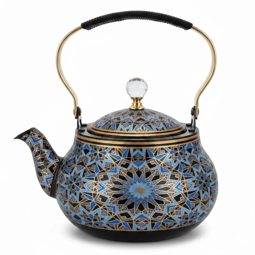 Blue & Black Enamel Metal Kettle with Islamic Geometric Mosaic Pattern, Crystal Lid Knob & Gold Handle | 1.5 Litre | — image 1