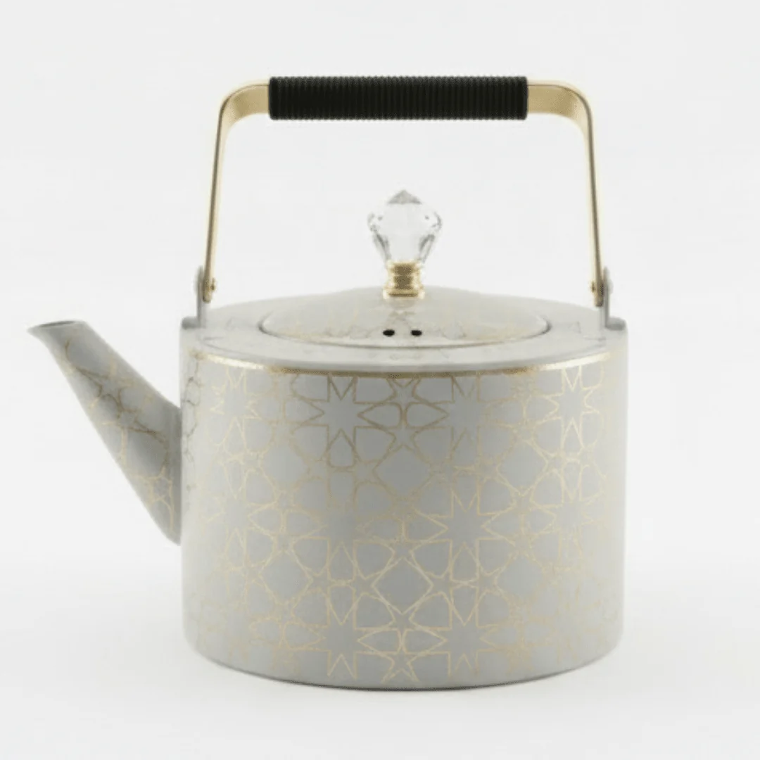 Grey & Gold Metal Kettle – 2 Litre | Elegant Crystal Lid Knob | Geometric Engraved Luxury Tea Kettle for Arabic Hospitality & Gifting — image 1