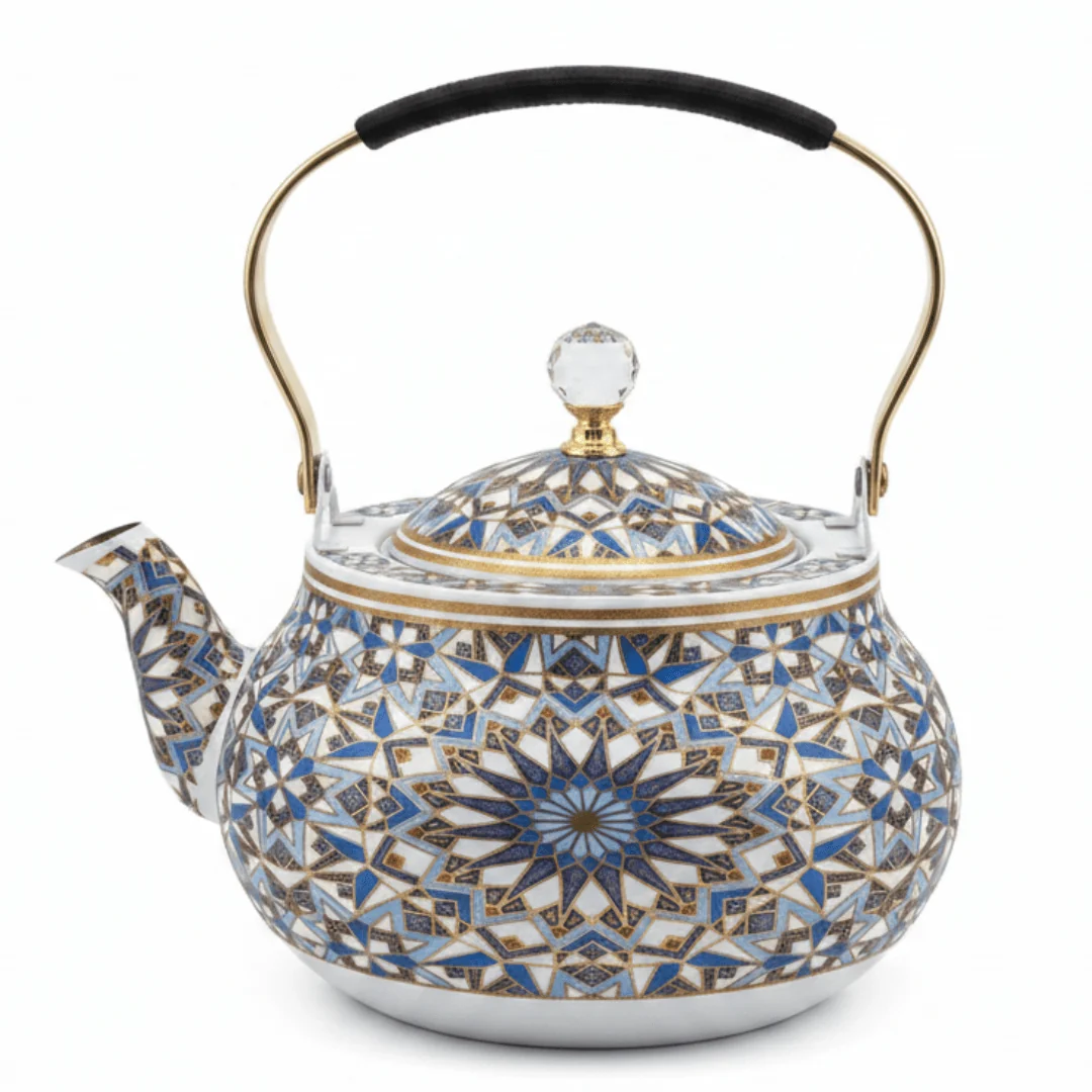 Blue & White Mosaic Metal Tea Kettle with Crystal Lid & Ergonomic Handle — 1.5 Litre | Arabic Majlis Hospitality Teapot — image 1