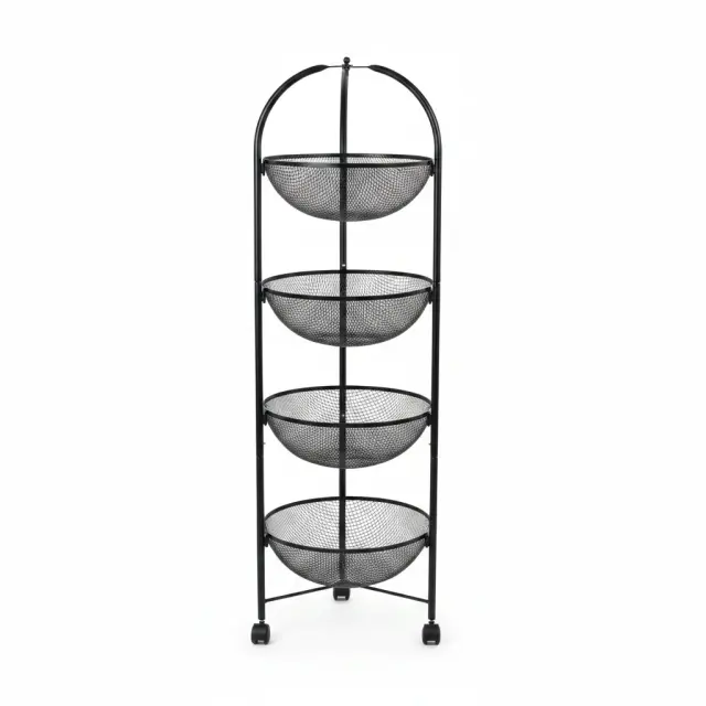 Black Metal 4-Tier Mesh Basket Stand with Wheels – 100cm