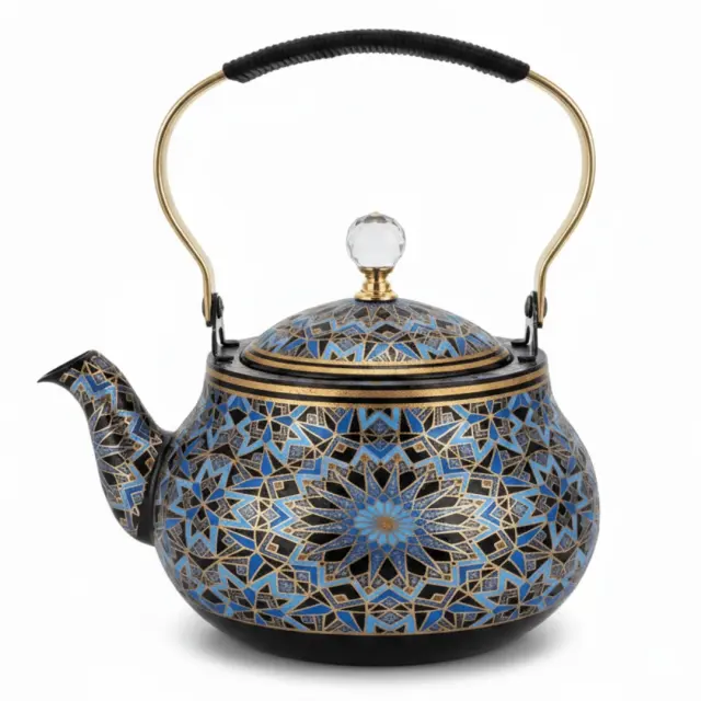 Blue & Black Enamel Metal Kettle with Islamic Geometric Mosaic Pattern, Crystal Lid Knob & Gold Handle | 1.5 Litre |