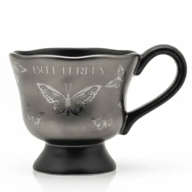 AKDC Designer Silver & Black Ceramic Mug with Butterfly Artwork, Stylish Everyday Coffee Mug 200ml