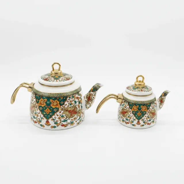Cream Enamel Kettle Set with Floral Design — 2 Pcs - 2.2 Litre + 1 Litre