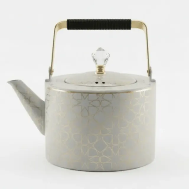 Grey & Gold Metal Kettle – 2 Litre | Elegant Crystal Lid Knob | Geometric Engraved Luxury Tea Kettle for Arabic Hospitality & Gifting