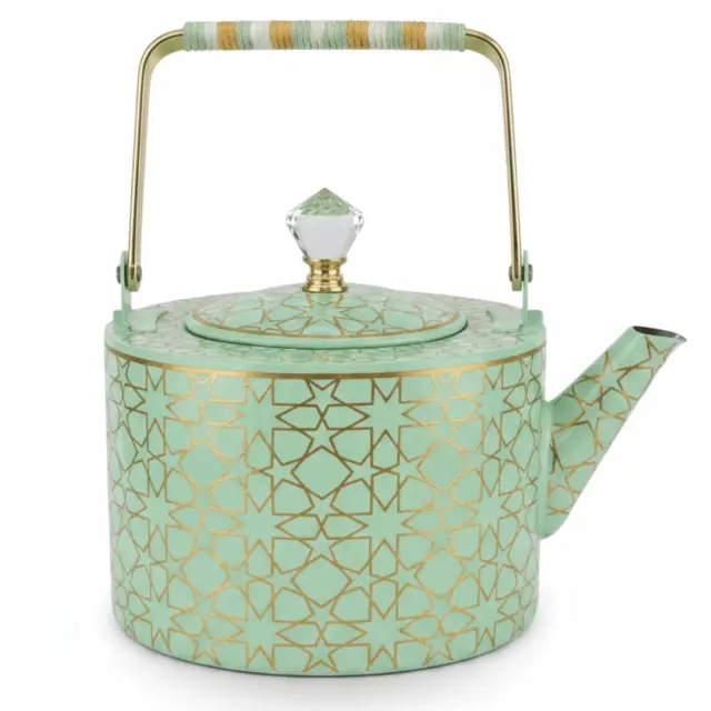 Mint Green & Gold Islamic Geometric Metal Tea Kettle with Crystal Lid Knob | Elegant Arabic Tea Serving Kettle | 2 Litre