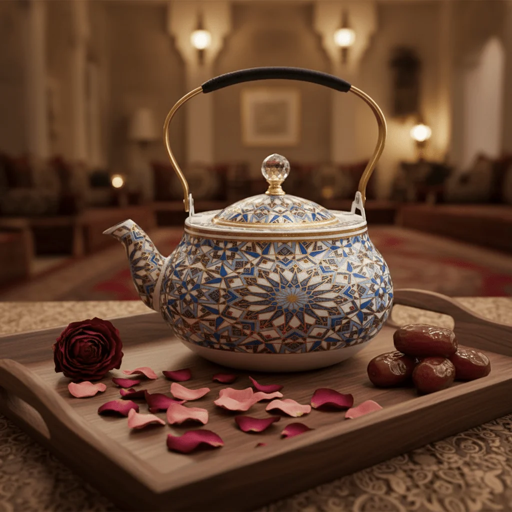 Blue & White Mosaic Metal Tea Kettle with Crystal Lid & Ergonomic Handle — 1.5 Litre | Arabic Majlis Hospitality Teapot — image 2