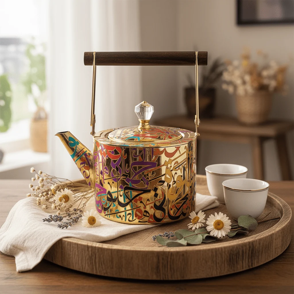 Arabic Calligraphy Gold Metal Tea Kettle | Elegant Wooden Handle & Crystal Lid | 1 Litre / 1.5 Litre   | Premium Majlis Hospitality Gift — image 3