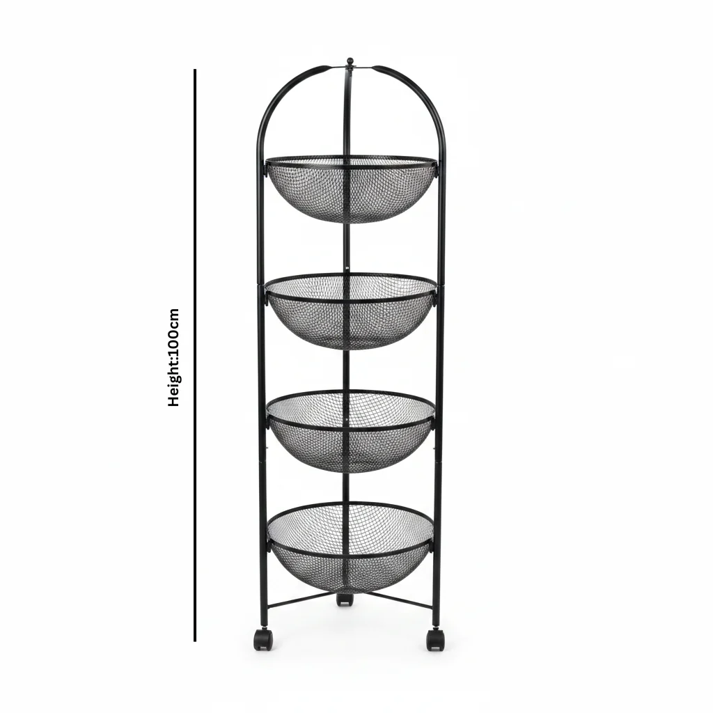 Black Metal 4-Tier Mesh Basket Stand with Wheels – 100cm — image 4