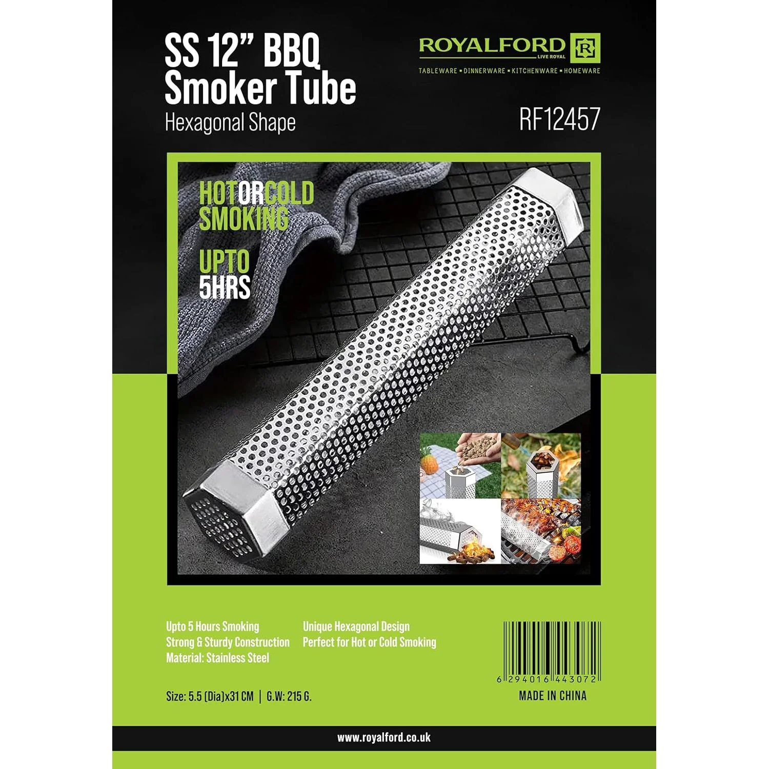 Royalford BBQ Pellet Smoker Tube 12″ RF123457 – Stainless Steel Hexagonal Tube for 5 Hours Hot or Cold Smoking — image 2