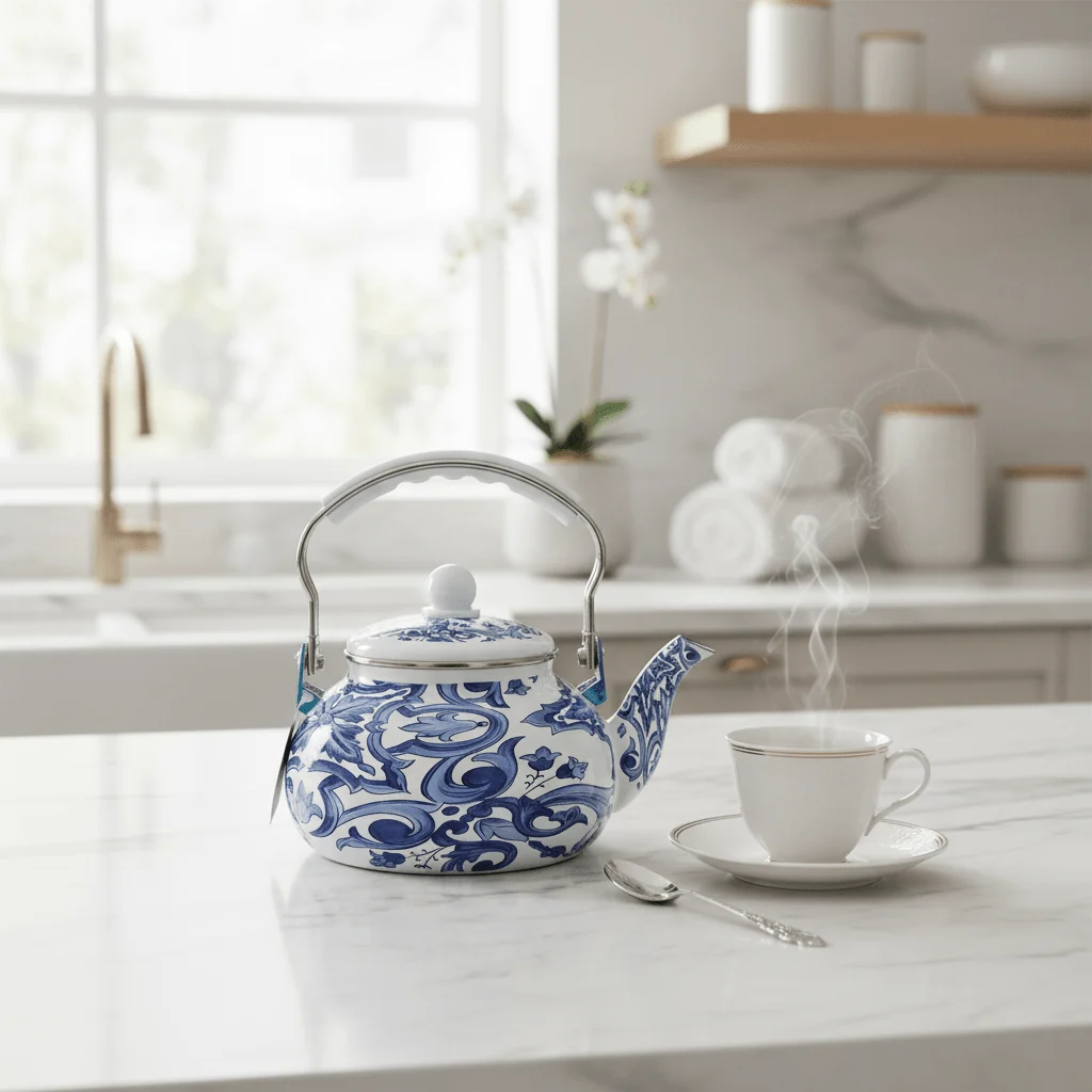 Venice Blue Enamel Kettle With Floral Arabesque Design - 2.5 Litre — image 4