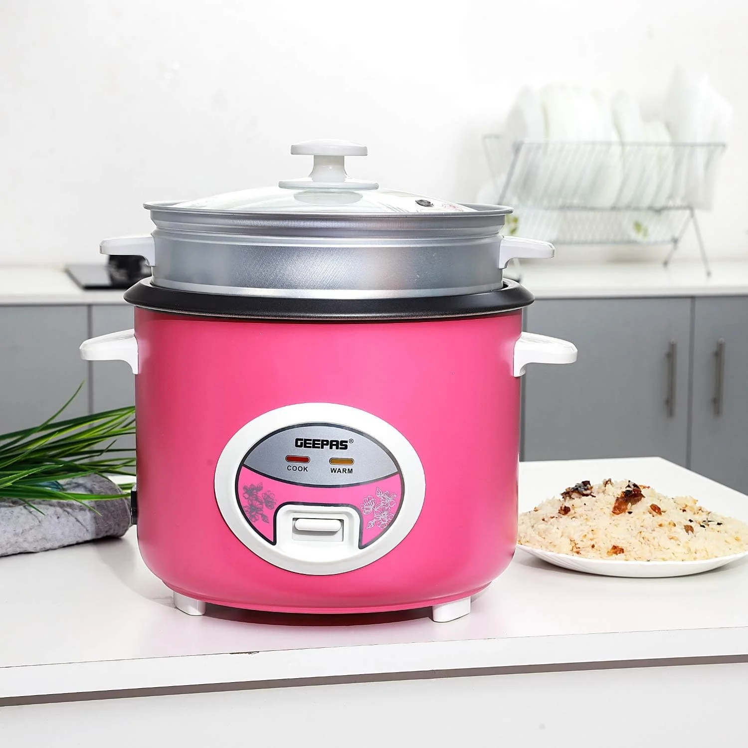 Geepas 1.8L Electric Rice Cooker & Steamer with Non-Stick Pot (700W, Pink) — image 2