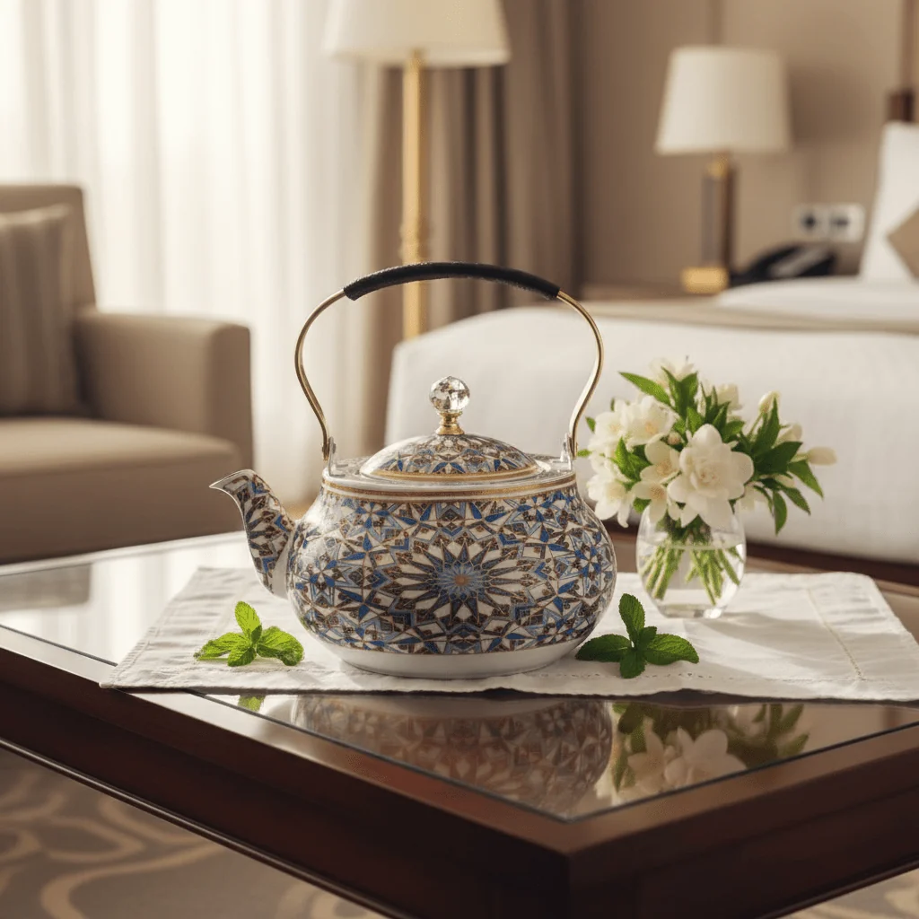 Blue & White Mosaic Metal Tea Kettle with Crystal Lid & Ergonomic Handle — 1.5 Litre | Arabic Majlis Hospitality Teapot — image 4
