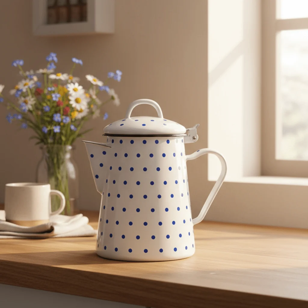 Velvet White Enamel Kettle with Blue Polka Dot Print — 1.8 Ltr — image 3