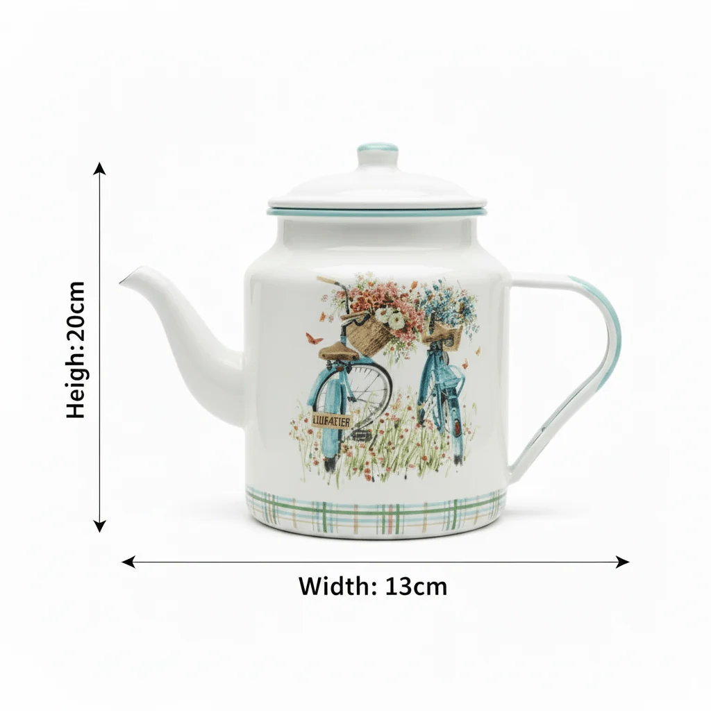 White Enamel Kettle with Floral Bicycle Print - 20 × 13 cm — image 2