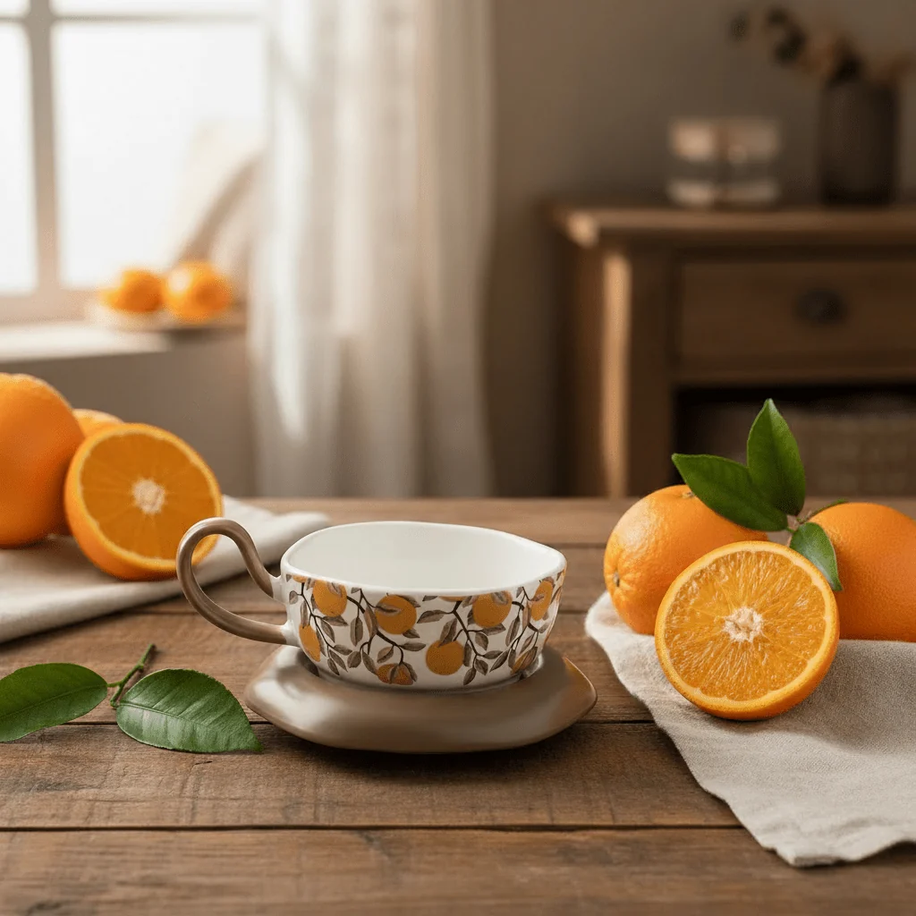AKDC Elegant White Ceramic Tea Cup with Orange Fruit Print & Taupe Saucer, Modern Tea Set 200ml — image 2