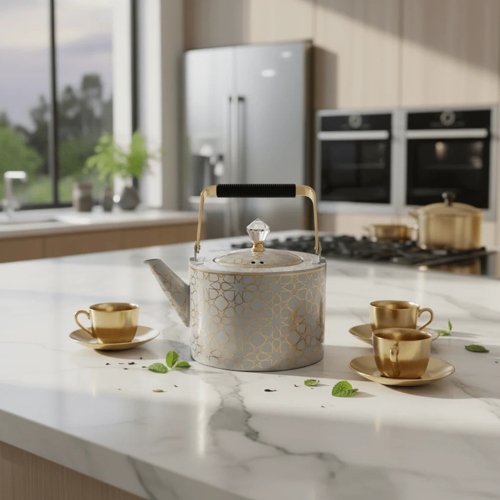 Grey & Gold Metal Kettle – 2 Litre | Elegant Crystal Lid Knob | Geometric Engraved Luxury Tea Kettle for Arabic Hospitality & Gifting — image 4