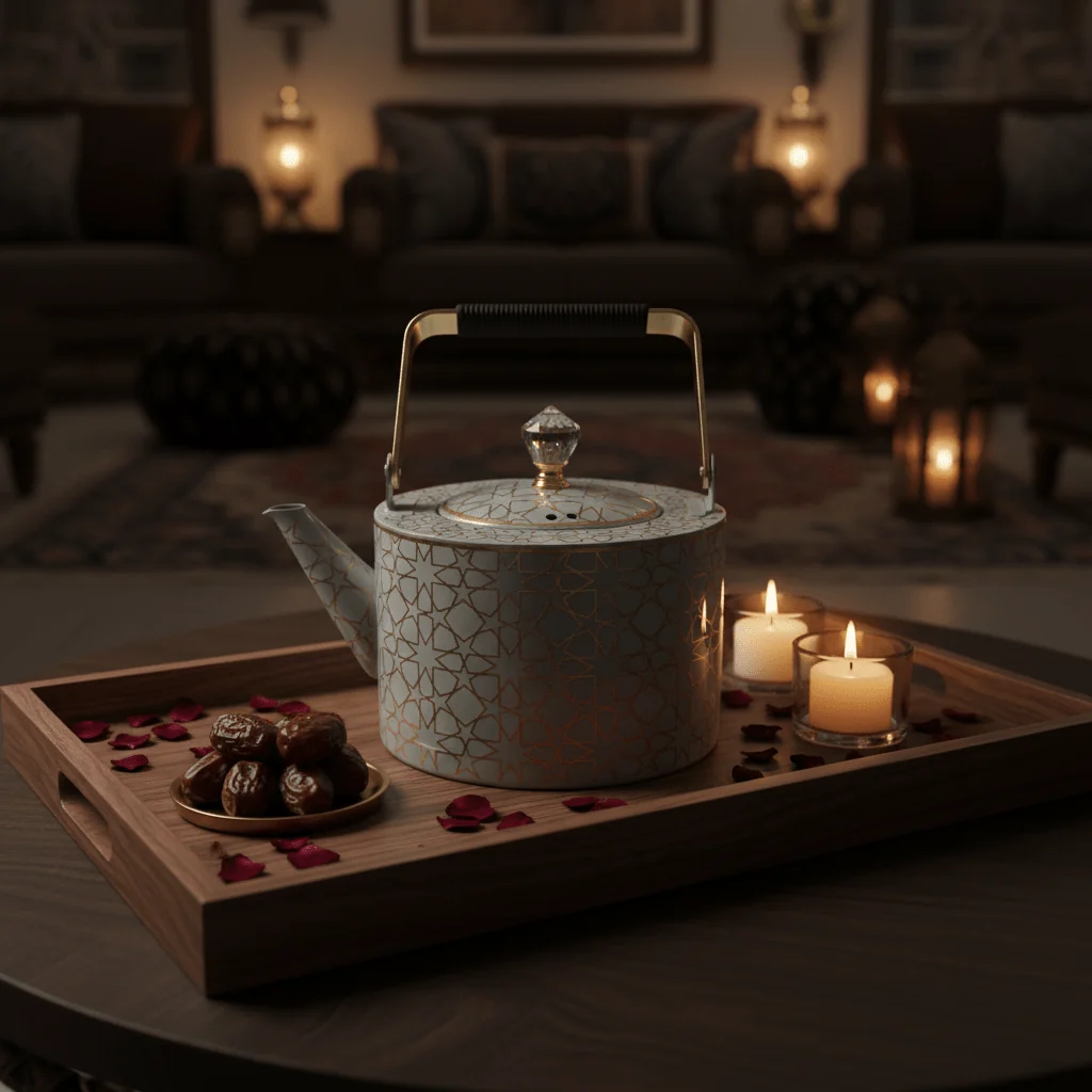Grey & Gold Metal Kettle – 2 Litre | Elegant Crystal Lid Knob | Geometric Engraved Luxury Tea Kettle for Arabic Hospitality & Gifting — image 2