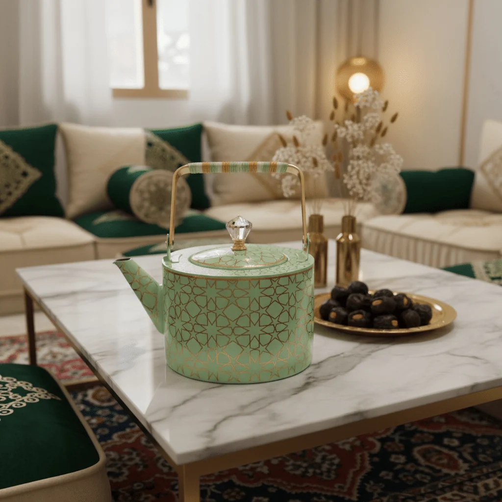 Mint Green & Gold Islamic Geometric Metal Tea Kettle with Crystal Lid Knob | Elegant Arabic Tea Serving Kettle | 2 Litre — image 2