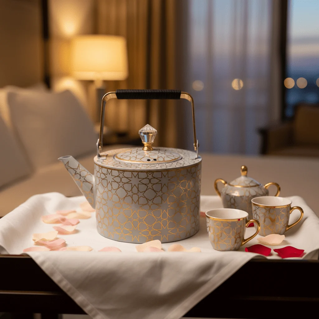 Grey & Gold Metal Kettle – 2 Litre | Elegant Crystal Lid Knob | Geometric Engraved Luxury Tea Kettle for Arabic Hospitality & Gifting — image 3
