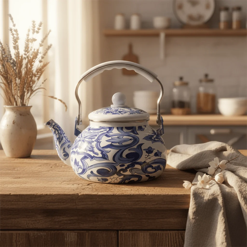 Venice Blue Enamel Kettle With Floral Arabesque Design - 2.5 Litre — image 3