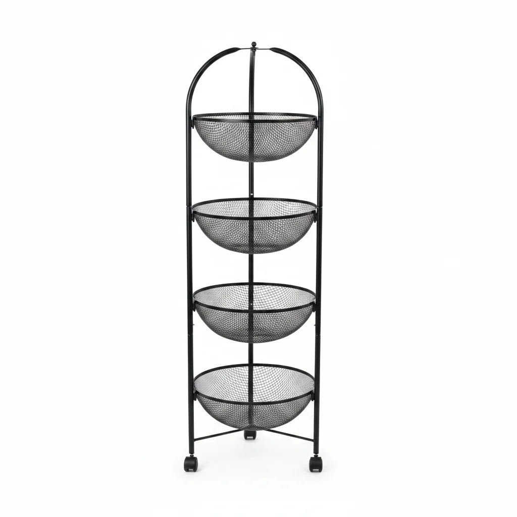 Black Metal 4-Tier Mesh Basket Stand with Wheels – 100cm — image 1