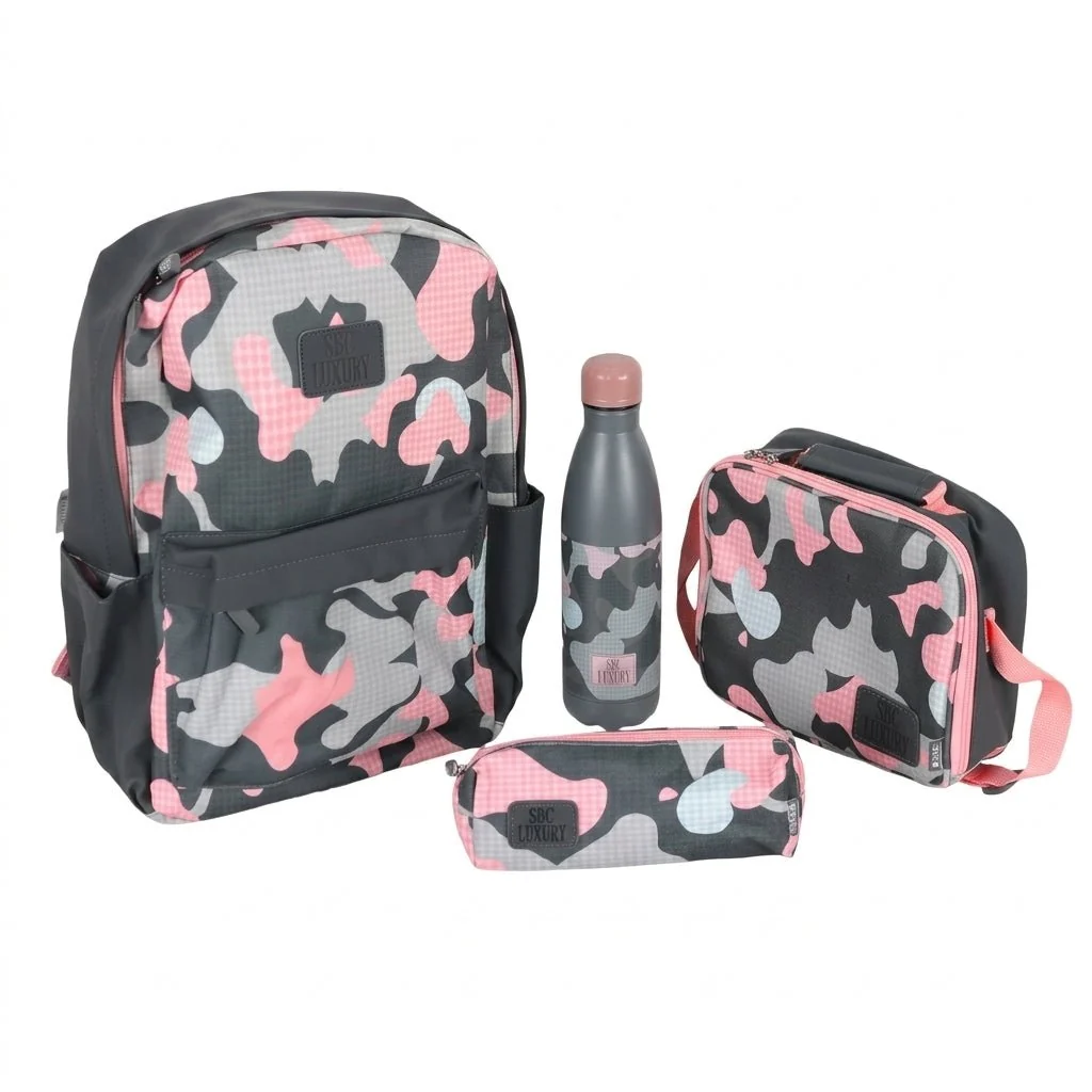 SBC Luxury 4-in-1 School Set 16" – Pink Camo (Backpack, Lunch Bag, Pencil Case & Water Bottle) — image 1
