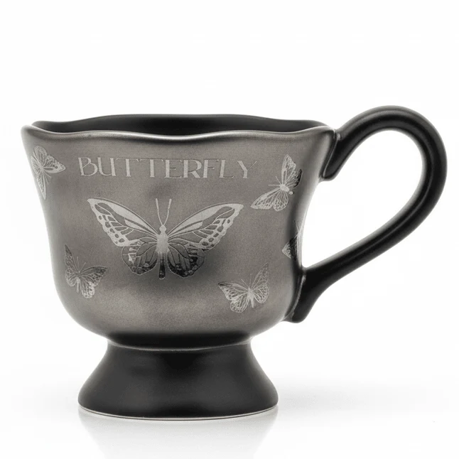 AKDC Designer Silver & Black Ceramic Mug with Butterfly Artwork, Stylish Everyday Coffee Mug 200ml — image 1