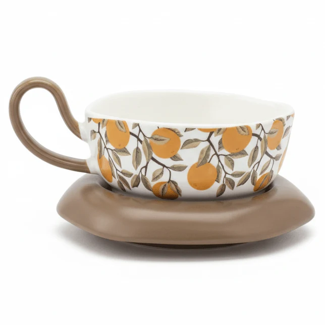 AKDC Elegant White Ceramic Tea Cup with Orange Fruit Print & Taupe Saucer, Modern Tea Set 200ml — image 1
