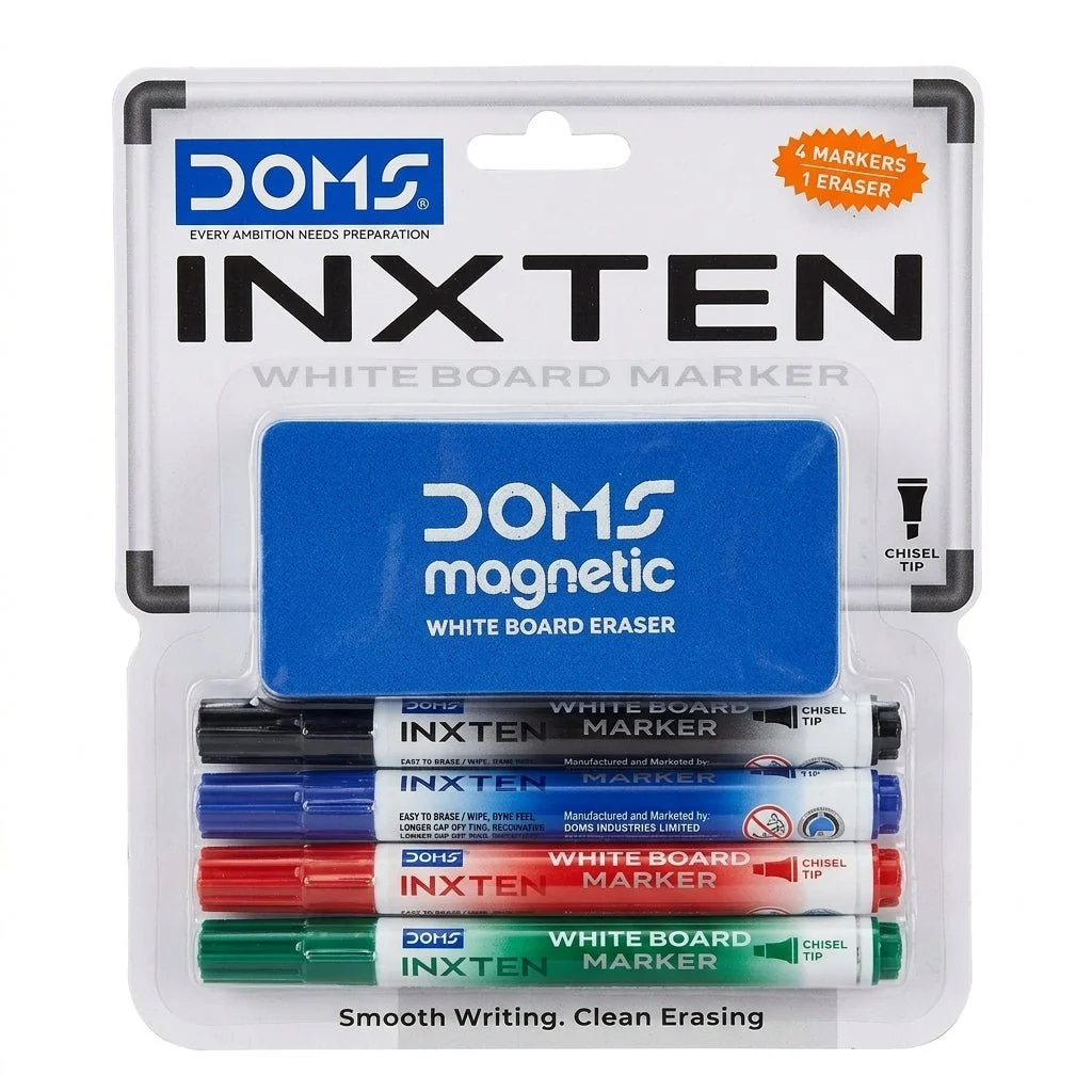 DOMS INXTEN Whiteboard Marker Set with Magnetic Eraser – 4 Colors + 1 Eraser — image 1
