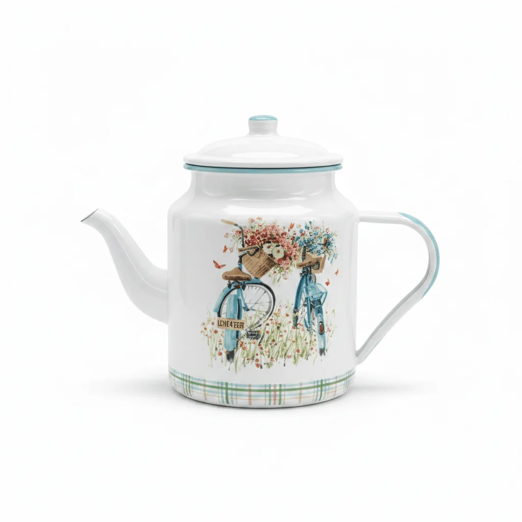White Enamel Kettle with Floral Bicycle Print - 20 × 13 cm — image 1